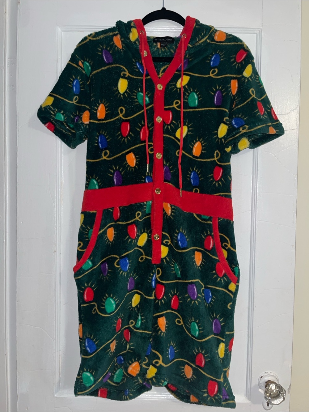 Holiday Light-Print Short Sleeve Onesie with Hood - Green